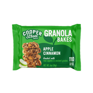 Cooper Street Apple Cinnamon Granola Bakes are loaded with real apples, ancient grains & warm cinnamon — just 110 calories per bar. Peanut-free, dairy-free, soy-free. A better-for-you snack the whole family can enjoy.