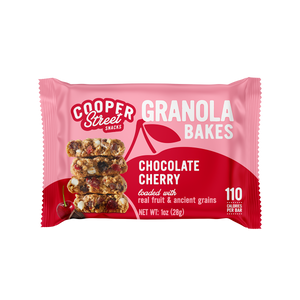 A Chocolate Cherry Granola Bake bar by Cooper Street Snacks. Package shows a whole grain bar loaded with real  cherries, buckwheat, chia seeds, flax seeds, quinoa, and whole rolled oats. 