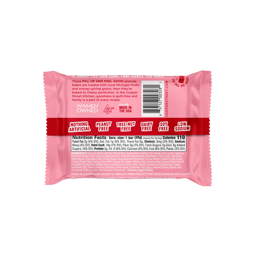 A Chocolate Cherry Granola Bake bar by Cooper Street Snacks. Back packaging states the bar is peanut free, tree nut free, dairy free, soy free, low sodium, and contains nothing artificial. 
