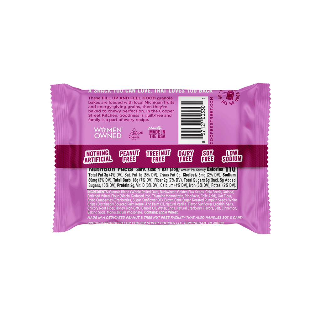 An Oatmeal Cranberry Granola Bake bar by Cooper Street Snacks. Back packaging states the bar is peanut free, tree nut free, dairy free, soy free, low sodium, and contains nothing artificial. 
