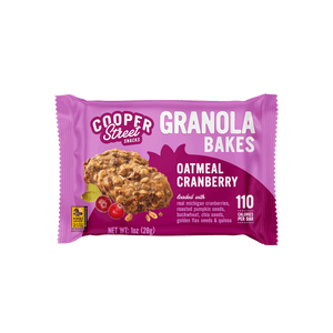 An Oatmeal Cranberry Granola Bake bar by Cooper Street Snacks. Package shows a whole grain bar loaded with real Michigan cherries, pumpkin seeds, buckwheat, chia seeds, flax seeds, and quinoa. 
