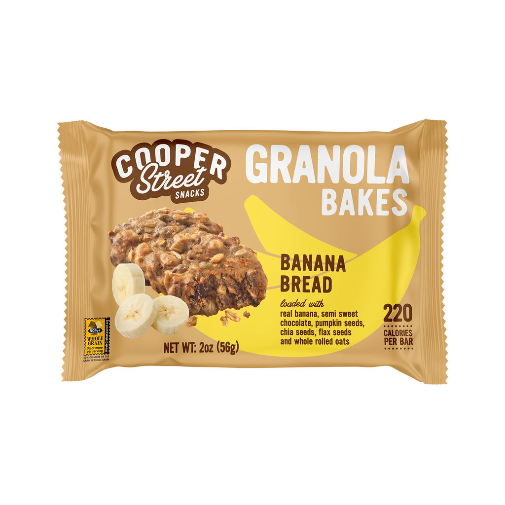 A 2-ounce Banana Bread Granola Bake bar by Cooper Street Snacks. Package shows a whole grain bar loaded with real bananas, semi sweet chocolate, pumpkin seeds, chia seeds, flax seeds, and whole oats. 