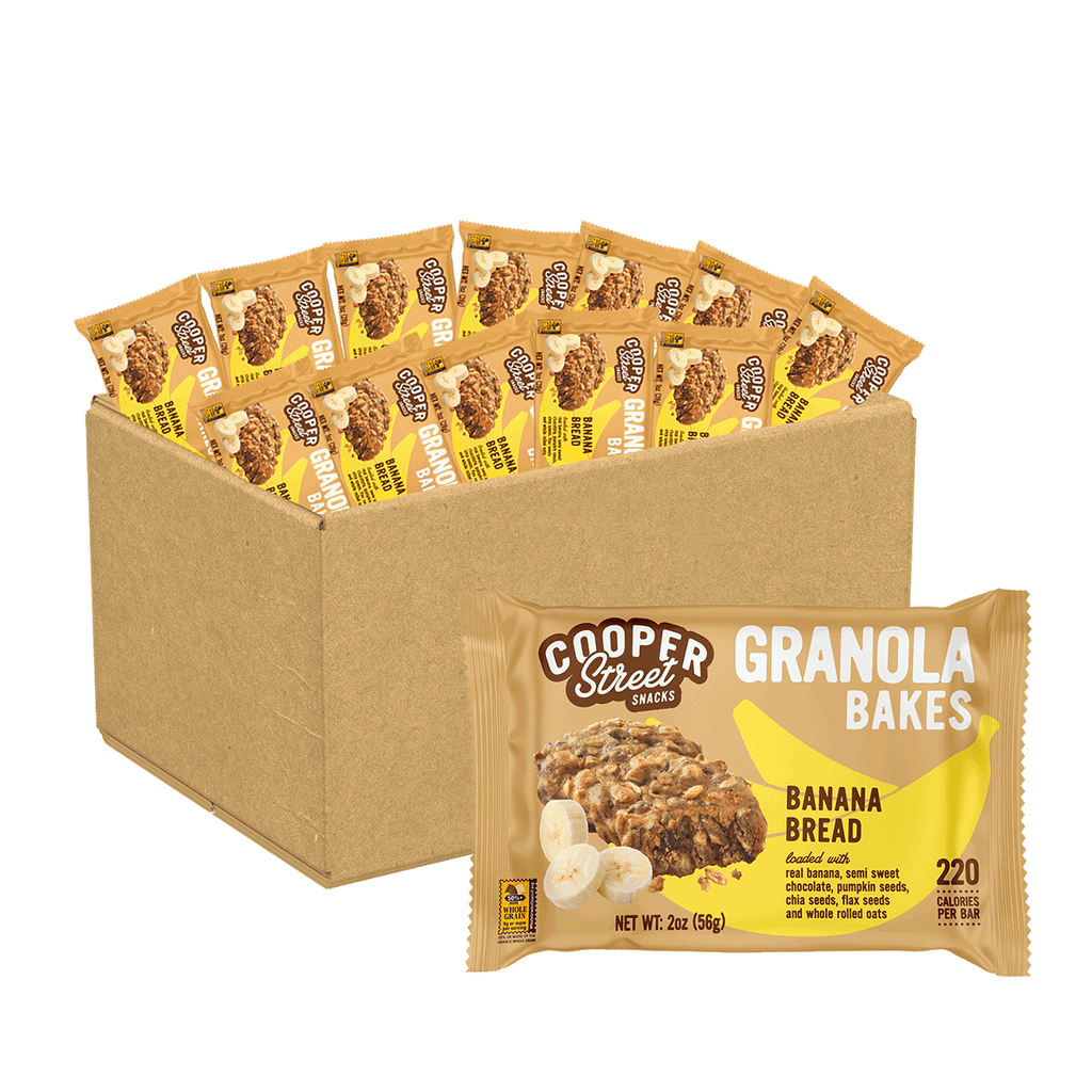 A box of Banana Bread Granola Bakes by Cooper Street.  Each 2-once bar is 220 calories and peanut free, tree nut free, and dairy free.
