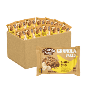 A box of Banana Bread Granola Bakes by Cooper Street.  Each 2-once bar is 220 calories and peanut free, tree nut free, and dairy free.
