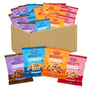 Cooper Street mini biscotti cookies variety 48-pack of 1.25 oz single-serve bags in Brownie Chocolate, Blueberry Lemon, Orange Cranberry and Cherry White Chip