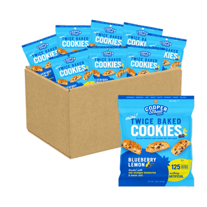 A 12 pack of Blueberry Lemon Twice Baked Cookies by Cooper Street. Each mini cookie is 25 calories and loaded with real Michigan blueberries and lemon zest.
