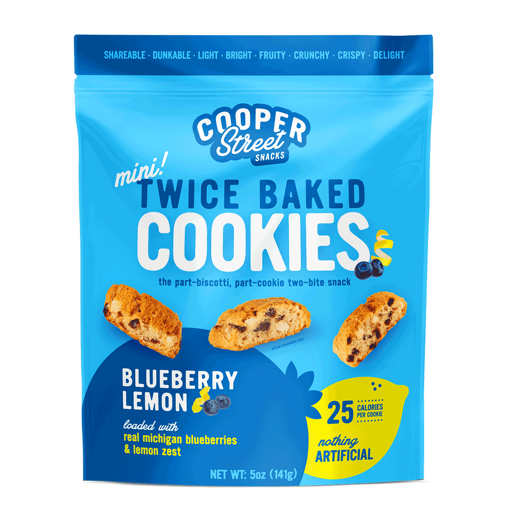 A package of Blueberry Lemon Twice Baked Cookies by Cooper Street. Each mini cookie is 25 calories and loaded with real Michigan blueberries and lemon zest.
