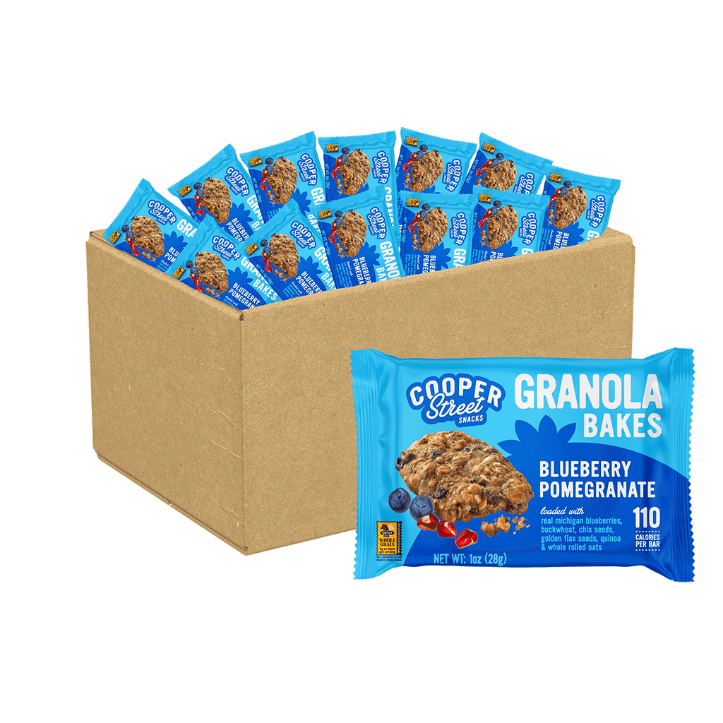 A 12 count box of Cooper Street Blueberry Pomegranate Granola Bakes. Each bar is peanut free, tree nut free, dairy free and only 110 calories. 
