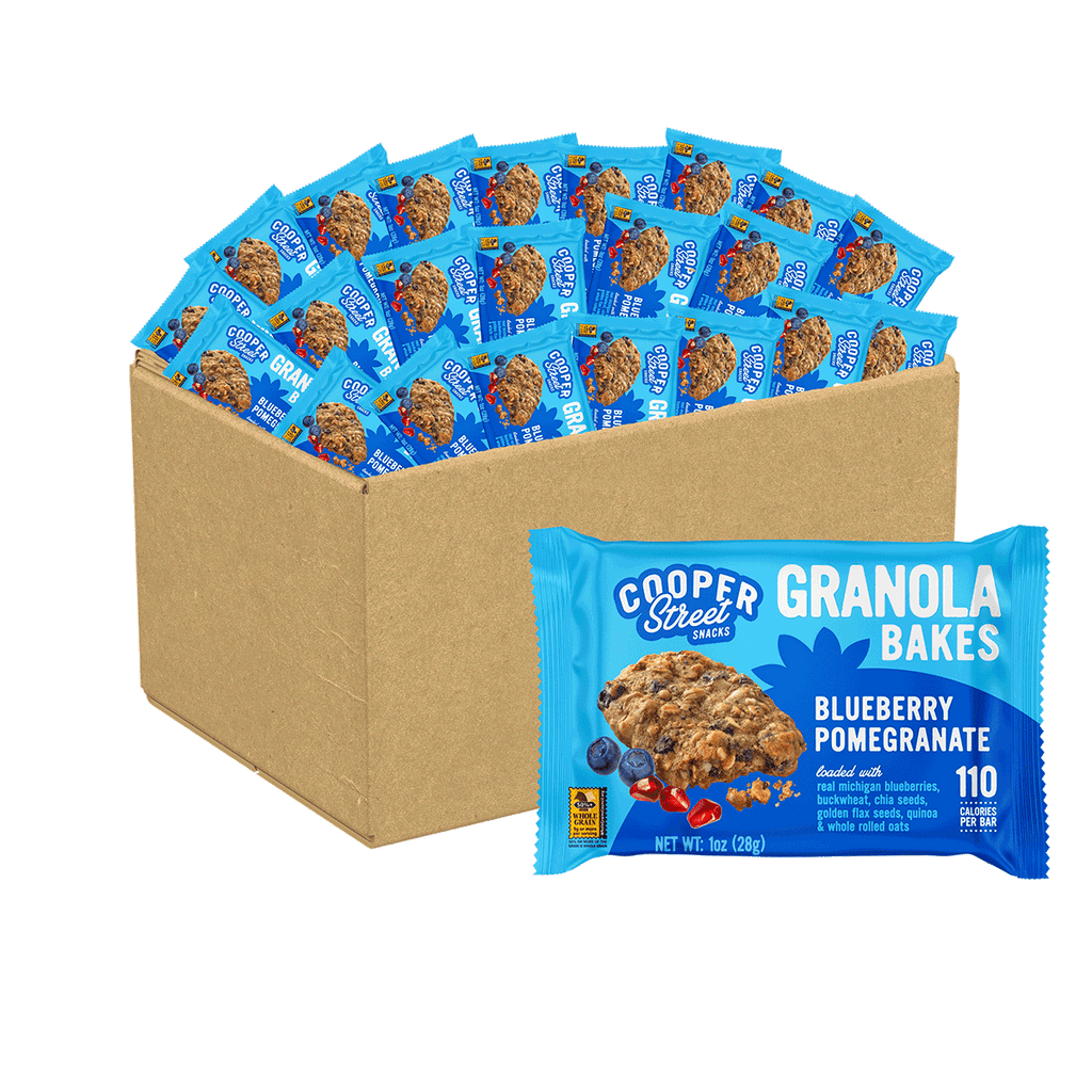 A 24 count box of Cooper Street Blueberry Pomegranate Granola Bakes. Each bar is peanut free, tree nut free, dairy free and only 110 calories. 
