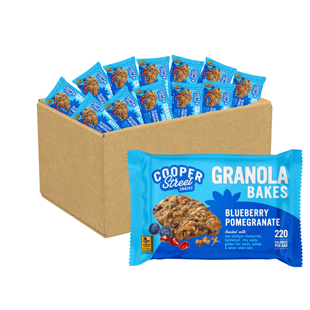 A 12 count box of Cooper Street Oatmeal Cranberry Granola Bakes. Each bar is peanut free, tree nut free, dairy free and only 220 calories. 
