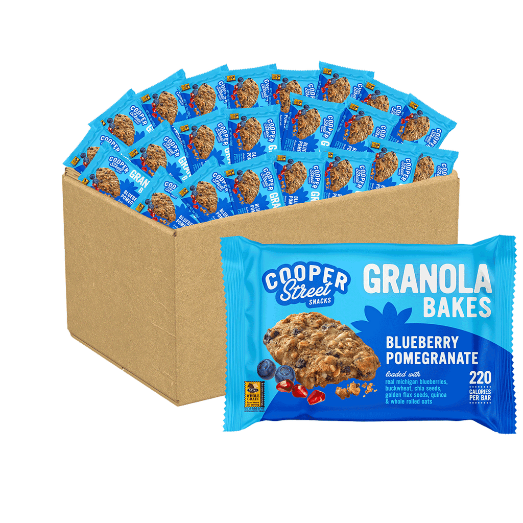 A 24 count box of Cooper Street Oatmeal Cranberry Granola Bakes. Each bar is peanut free, tree nut free, dairy free and only 220 calories. 
