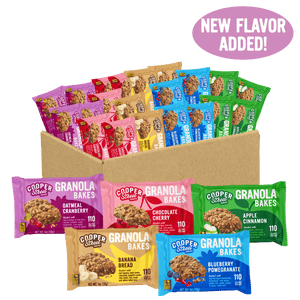 A 20 pack of Cooper Street Granola Bakes in four different flavors: Apple Cinnamon, Blueberry Pomegranate, Banana Bread, Chocolate Cherry, and Oatmeal Cranberry. Each bar is 110 calories and peanut free, tree nut free, and dairy free.