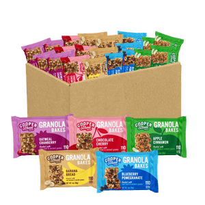 A 20 pack of Cooper Street Granola Bakes in four different flavors: Apple Cinnamon, Blueberry Pomegranate, Banana Bread, Chocolate Cherry, and Oatmeal Cranberry. Each bar is 1100 calories and peanut free, tree nut free, and dairy free.