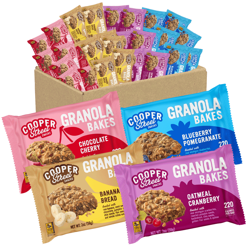 A 24 pack of Cooper Street Granola Bakes in four different flavors: Blueberry Pomegranate, Banana Bread, Chocolate Cherry, and Oatmeal Cranberry. Each bar is 220 calories and peanut free, tree nut free, and dairy free.