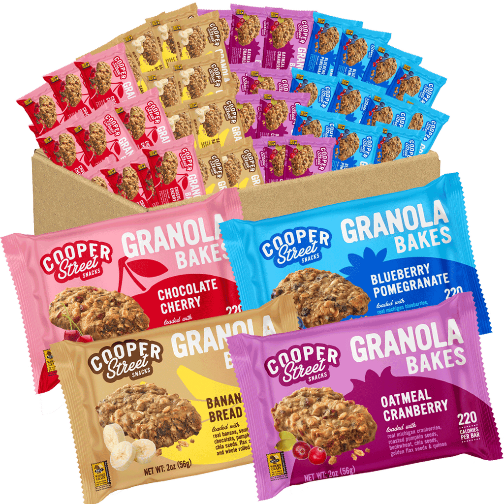 A 48 pack of Cooper Street Granola Bakes in four different flavors: Blueberry Pomegranate, Banana Bread, Chocolate Cherry, and Oatmeal Cranberry. Each bar is 220 calories and peanut free, tree nut free, and dairy free.
