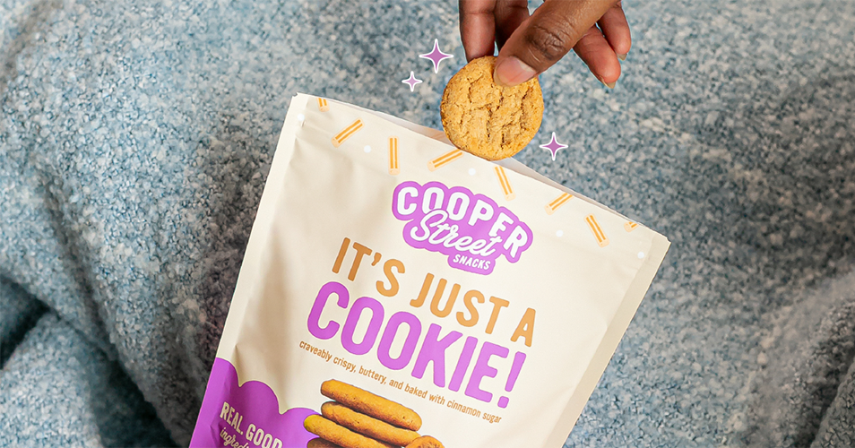 Cooper Street Snickerdoodle It's Just A Cookie — craveably crispy, buttery, and baked with real cinnamon sugar. No seed oils, peanut-free, tree-nut-free. Grab a bag and taste the difference.