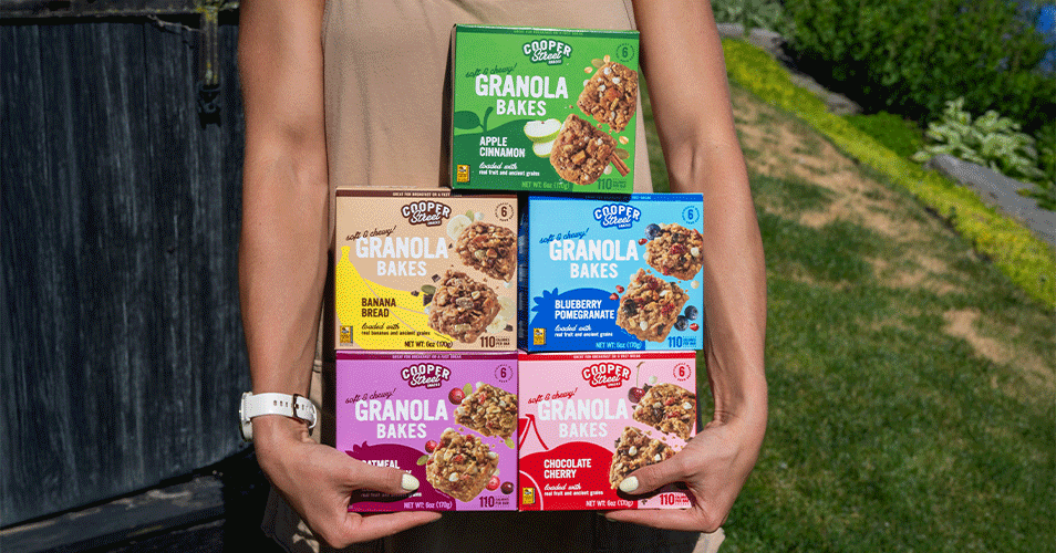 Shop Cooper Street Granola Bakes in all five flavors — Apple Cinnamon, Banana Bread, Blueberry Pomegranate, Oatmeal Cranberry, and Chocolate Cherry. Better-for-you, 110 calories, allergy-friendly. Soft and chewy whole-grain bars loaded with real fruit and ancient grains